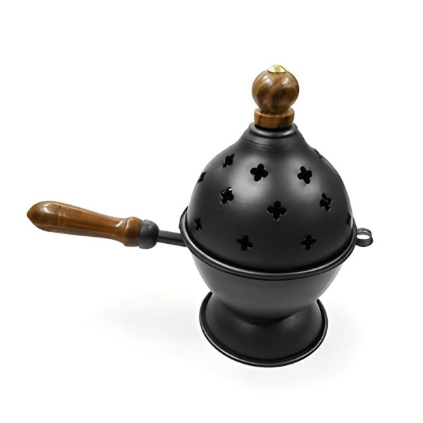 Domed Black Metal Censer with Wooden Handle