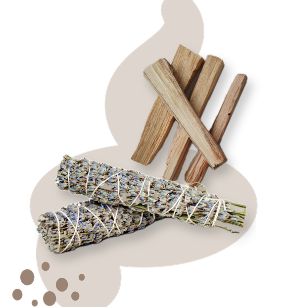 Palo santo sticks and hand-tied lavender smudge bundles