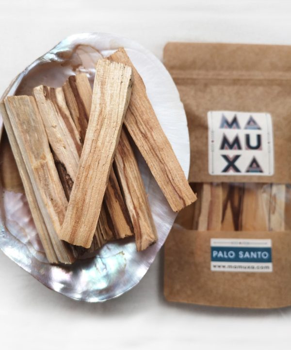 Mamuxa palo santo sticks with the Mamuxa kraft pouch on an abalone shell